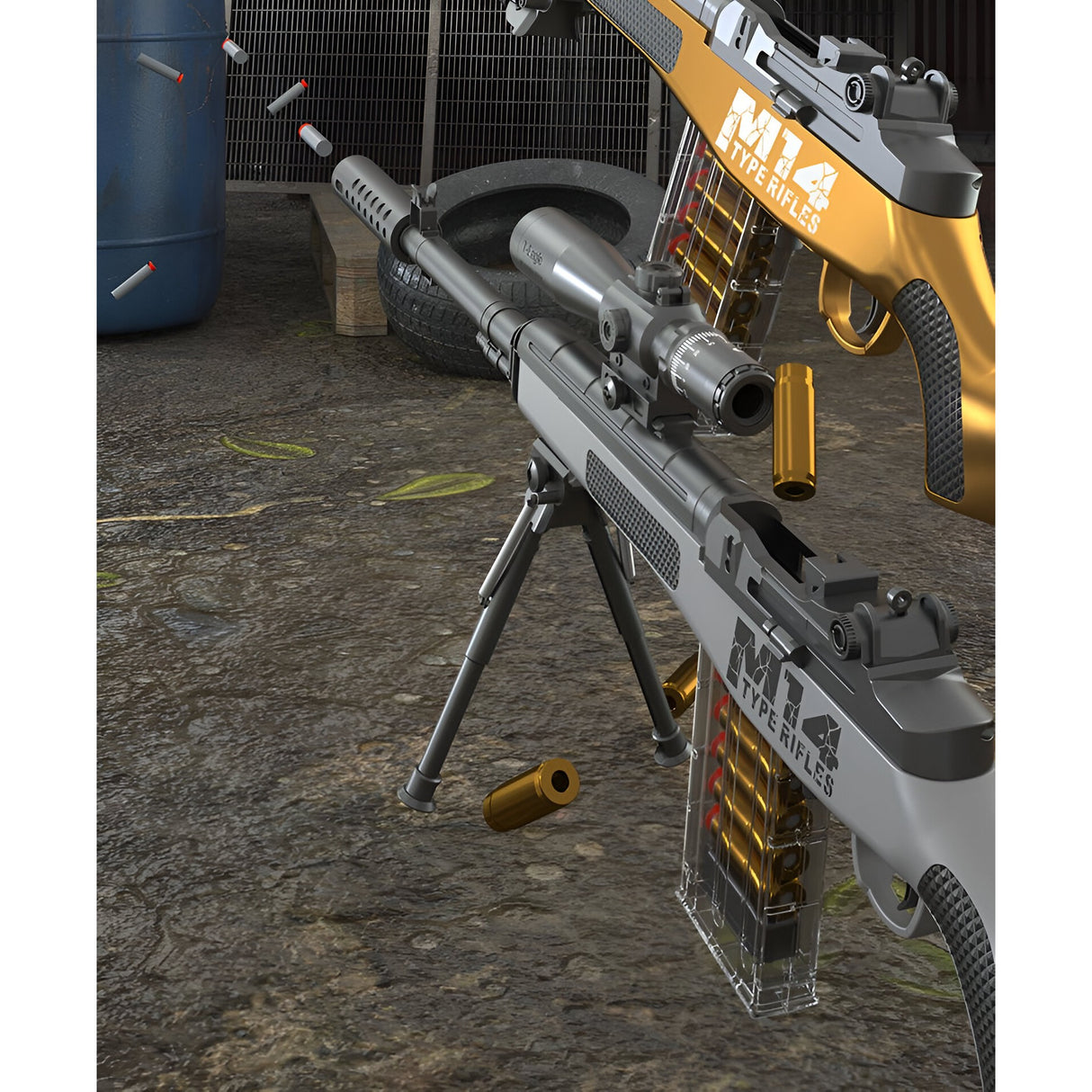 Pusca de Jucarie M14 Ultrarealista, Vivimall, Manuala, cu Luneta, 20 de Proiectile din Spuma Moale, 5 Cartuse, 100 cm, 8 ani+, Gri - vivimall.ro