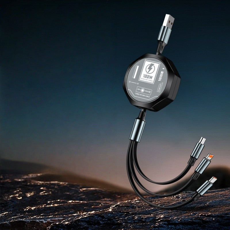 Cablu Retractabil 3in 1 pentru Telefon, Flippy, Cablu de incarcare rapida 100W, stil Mecha, potrivit pentru Auto, Universal 1.2M, Negru - vivimall.ro