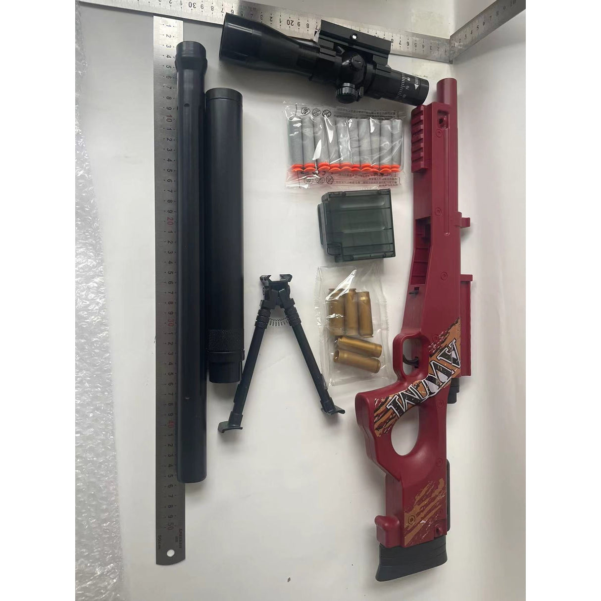 Pusca de Jucarie AWM Ultrarealista, Vivimall, Manuala, cu Luneta, 10 de Proiectile din Spuma Moale, 5 Cartuse, 106 cm, 14 ani+, Rosu - vivimall.ro