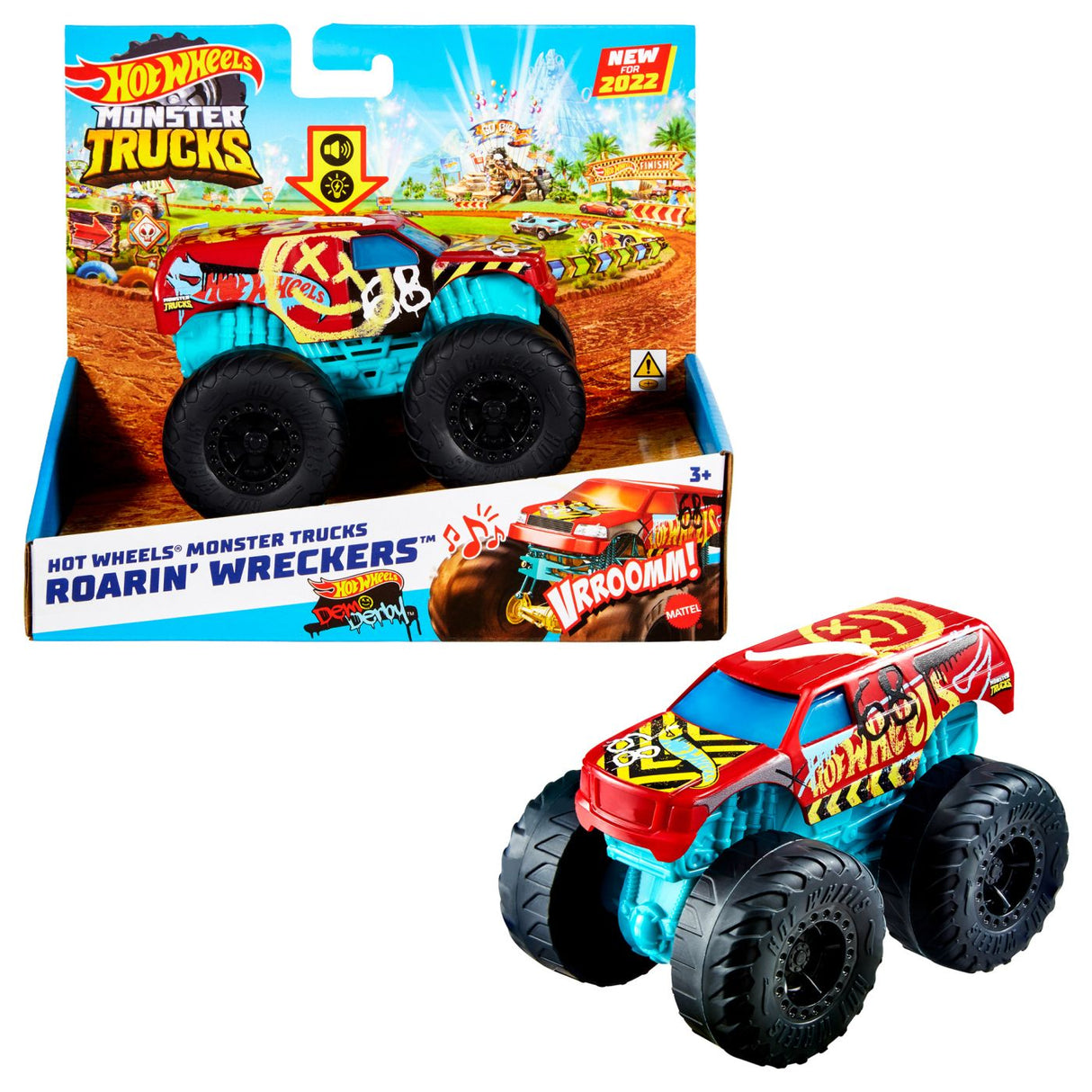 HOT WHEELS MONSTER TRUCK ROARIN WRECKERS DEMO DERBY CU FUNCTII SI SUNETE SCARA 1:43