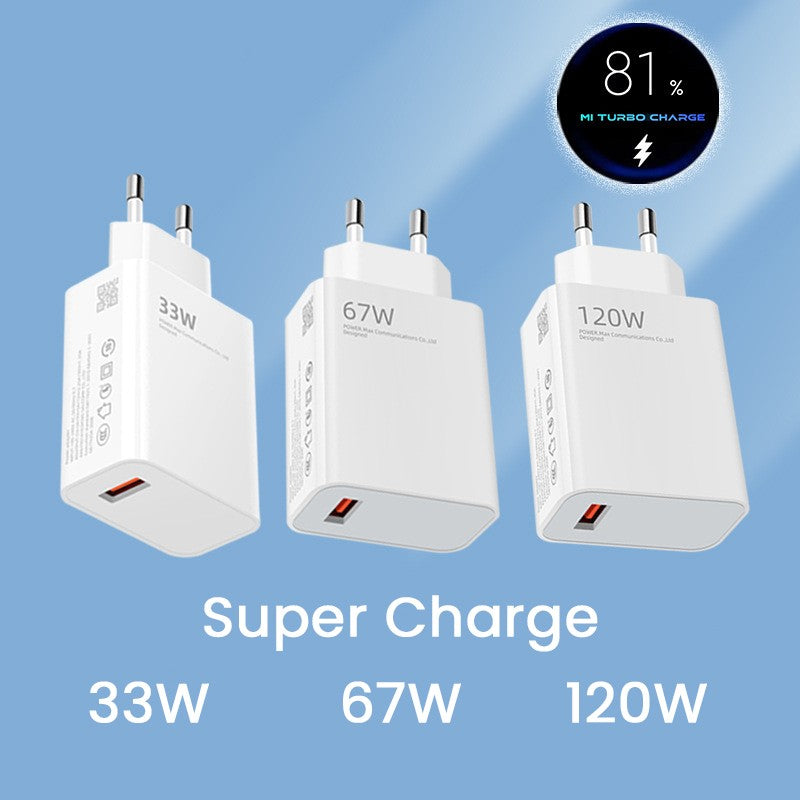 Set complet încărcător rețea 120W și cablu USB-C, ambalaj premium cu sistem de agățare, vedere ansamblu