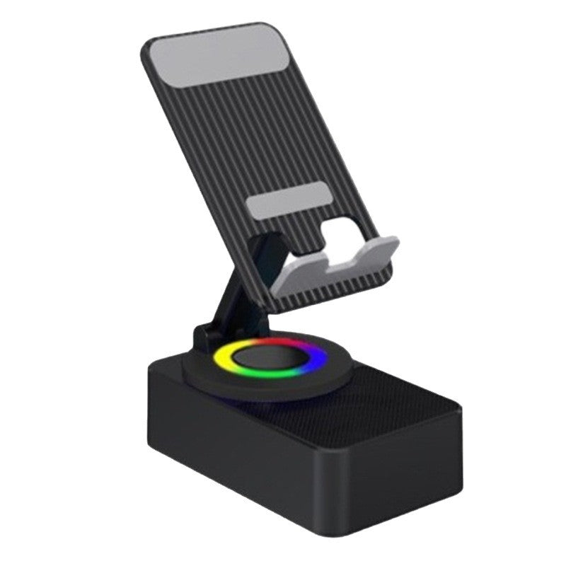 Suport telefon cu boxă Bluetooth Flippy negru, vedere frontală, design rotativ compact 18x9 cm