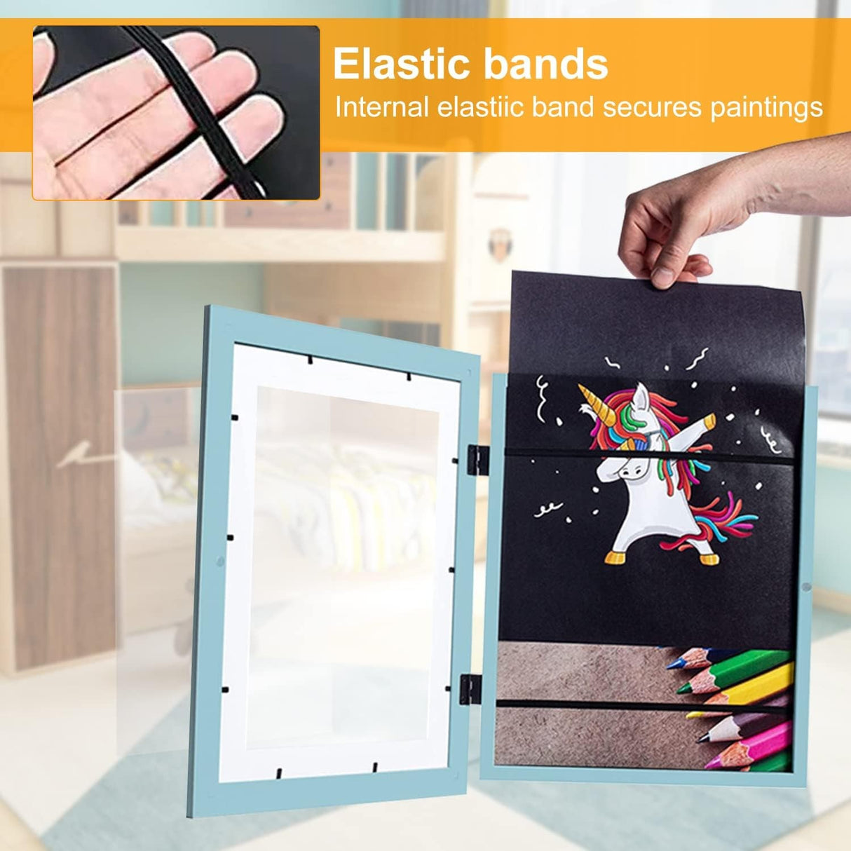 Rama Foto Vivimall, cu Magnet, din Lemn, cu Spatiu Pentru Depozitare, Pentru Desene si Picturi A4, Sticla Securizata, Rama MDF, 21x30 cm, Albastru - vivimall.ro