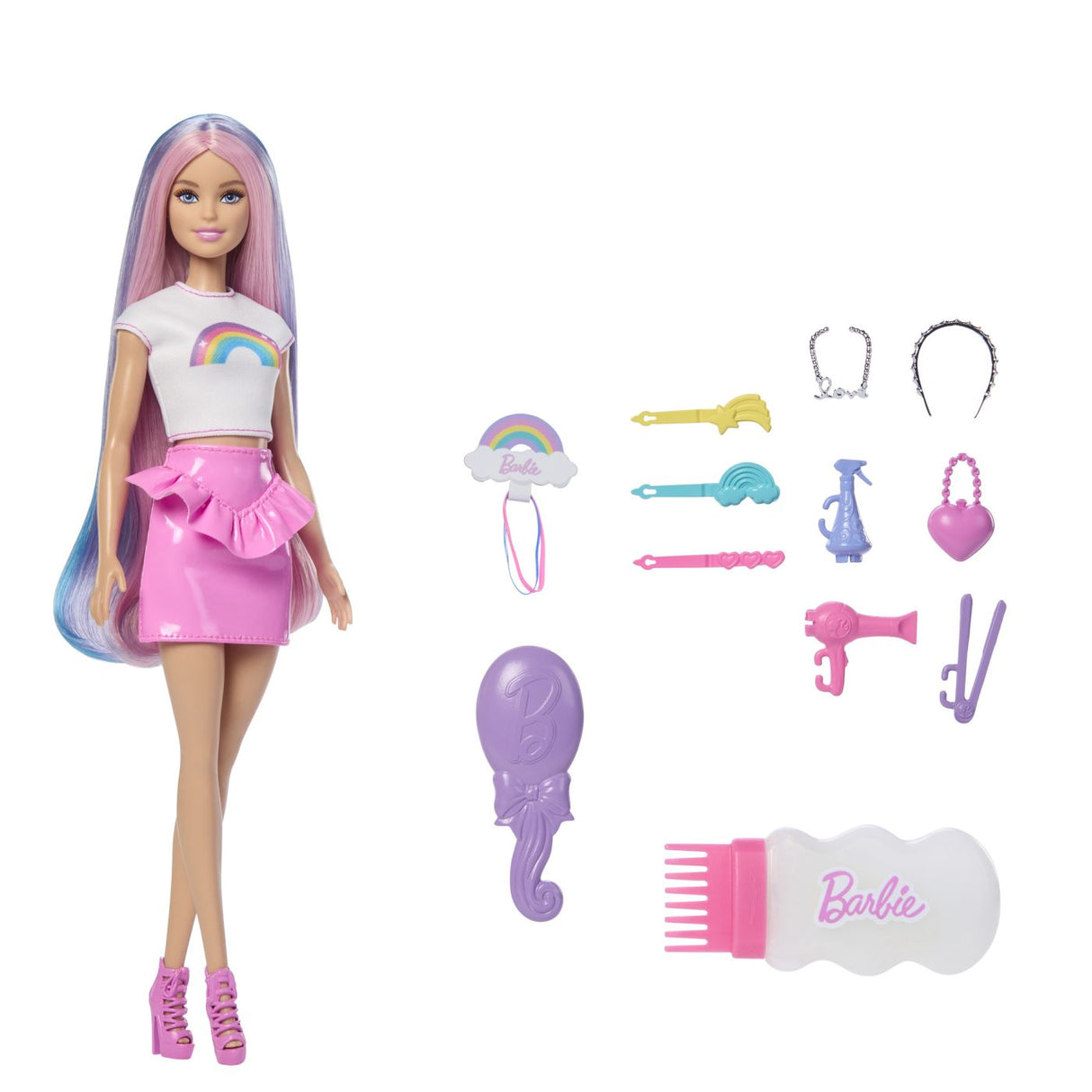 BARBIE SET PAPUSA BARBIE CU PAR STRALUCITOR CURCUBEU SI ACCESORII