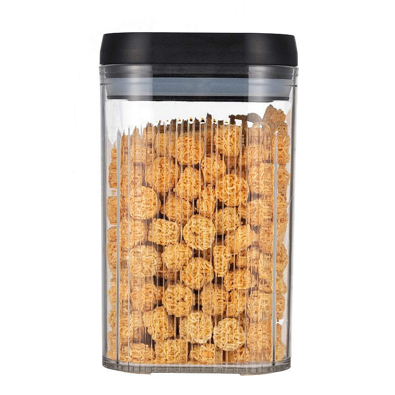 Cutie de Depozitare Alimente, Vivimall, tip Container, 2L, Recipiente pentru Cereale in Bucatarie, Transparente cu Capac Negru - vivimall.ro