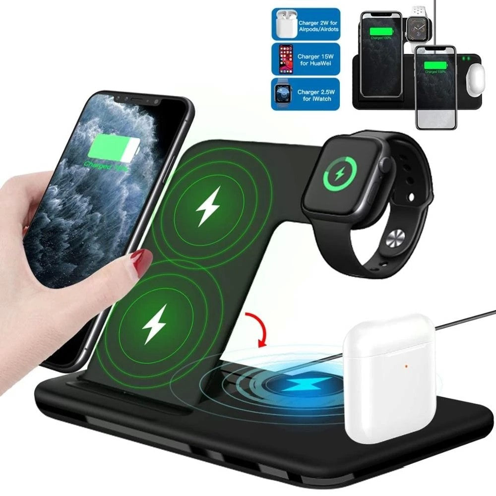 Incarcator Wireless FastCharge Vivimall 4 In 1, design pliabil, 15W, Compatibil Apple Watch, Airpods, iPhone, Android, Samsung, Huawei, Xiaomi, Oppo, Negru - vivimall.ro