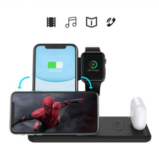 Incarcator Wireless FastCharge Vivimall 4 In 1, design pliabil, 15W, Compatibil Apple Watch, Airpods, iPhone, Android, Samsung, Huawei, Xiaomi, Oppo, Negru - vivimall.ro