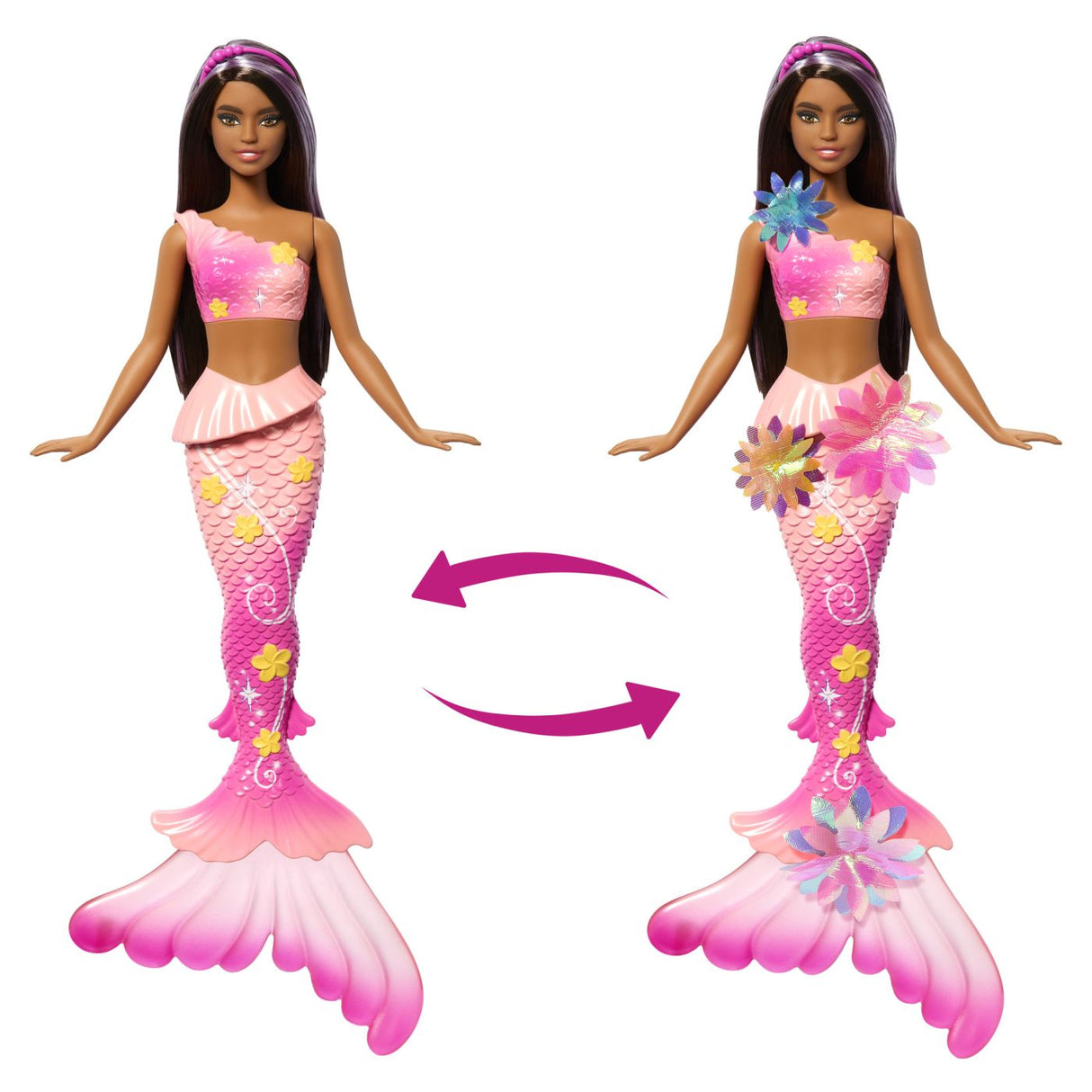 BARBIE PAPUSA SIRENA FLOAREA MAGICA CU PAR BRUNET SI COADA ROZ