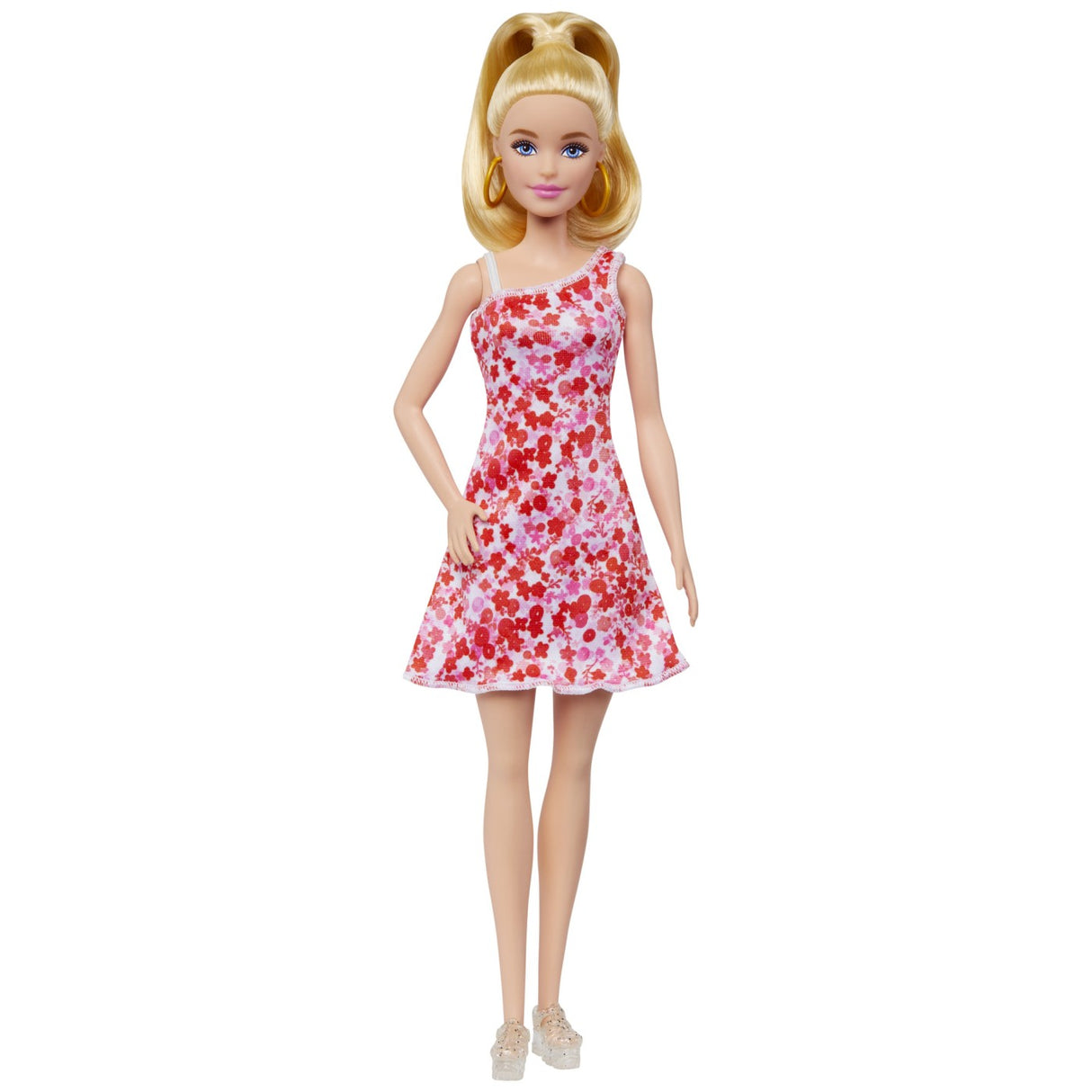BARBIE PAPUSA BARBIE FASHIONISTA BLONDA CU PARUL PRINS IN COADA SI ROCHIE CU FLORICELE