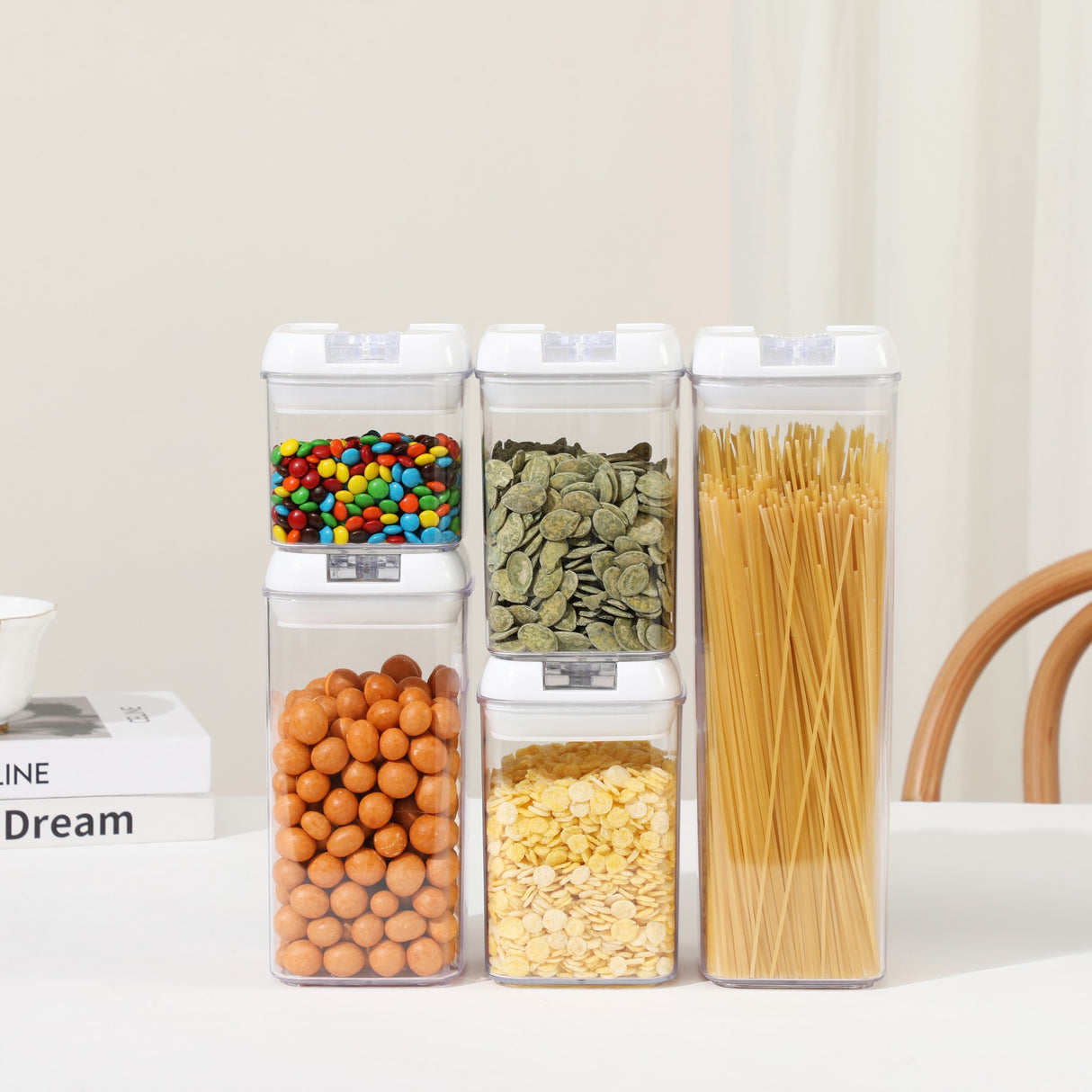 Cutii de Depozitare Alimente, Vivimall, set din 5 Cutii pentru Condimente, Volumetrie 0.5l, 0.8l, 1.2l, 1.9l, Transparente cu Capac Alb - vivimall.ro