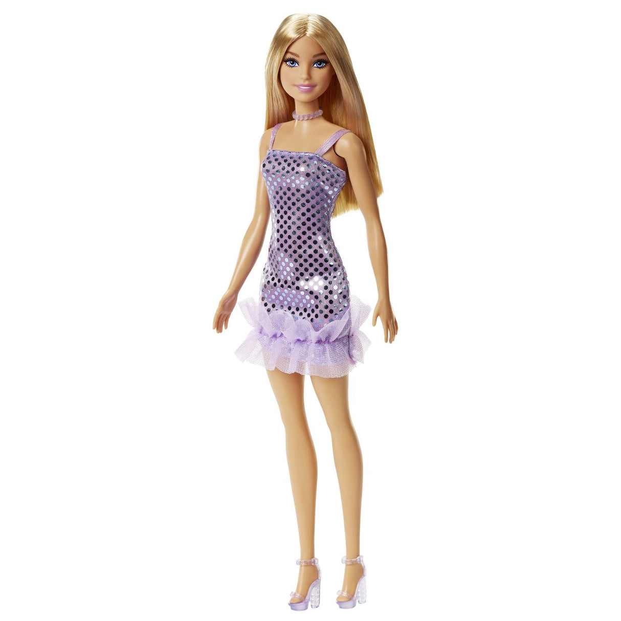 PAPUSA BARBIE TINUTE STRALUCITOARE BLONDA CU ROCHITA MOV