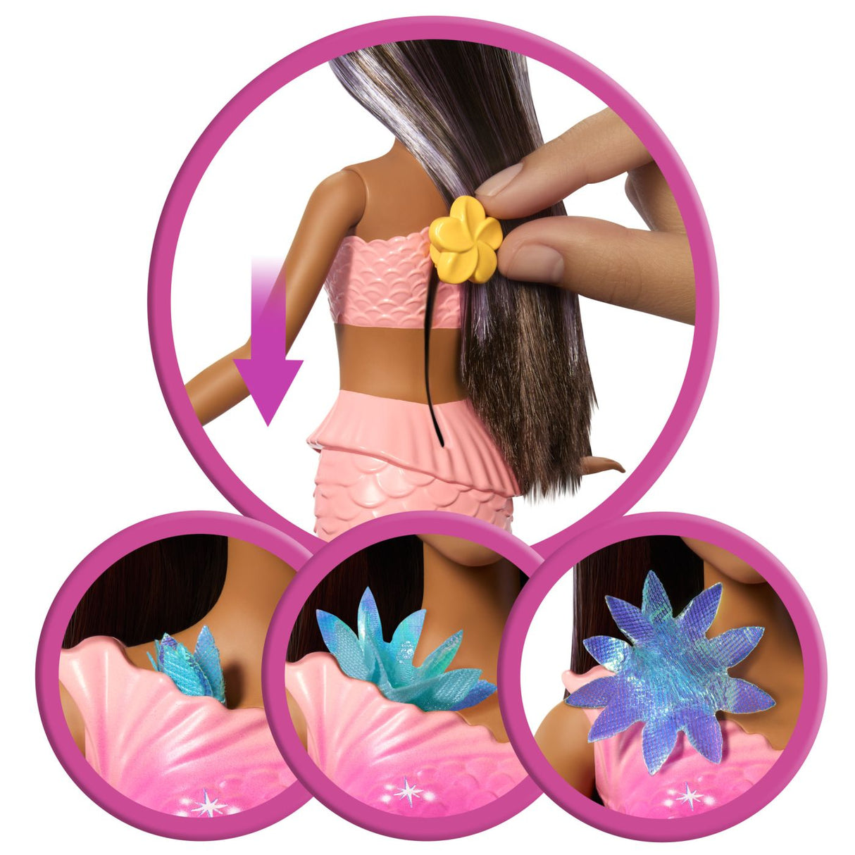 BARBIE PAPUSA SIRENA FLOAREA MAGICA CU PAR BRUNET SI COADA ROZ