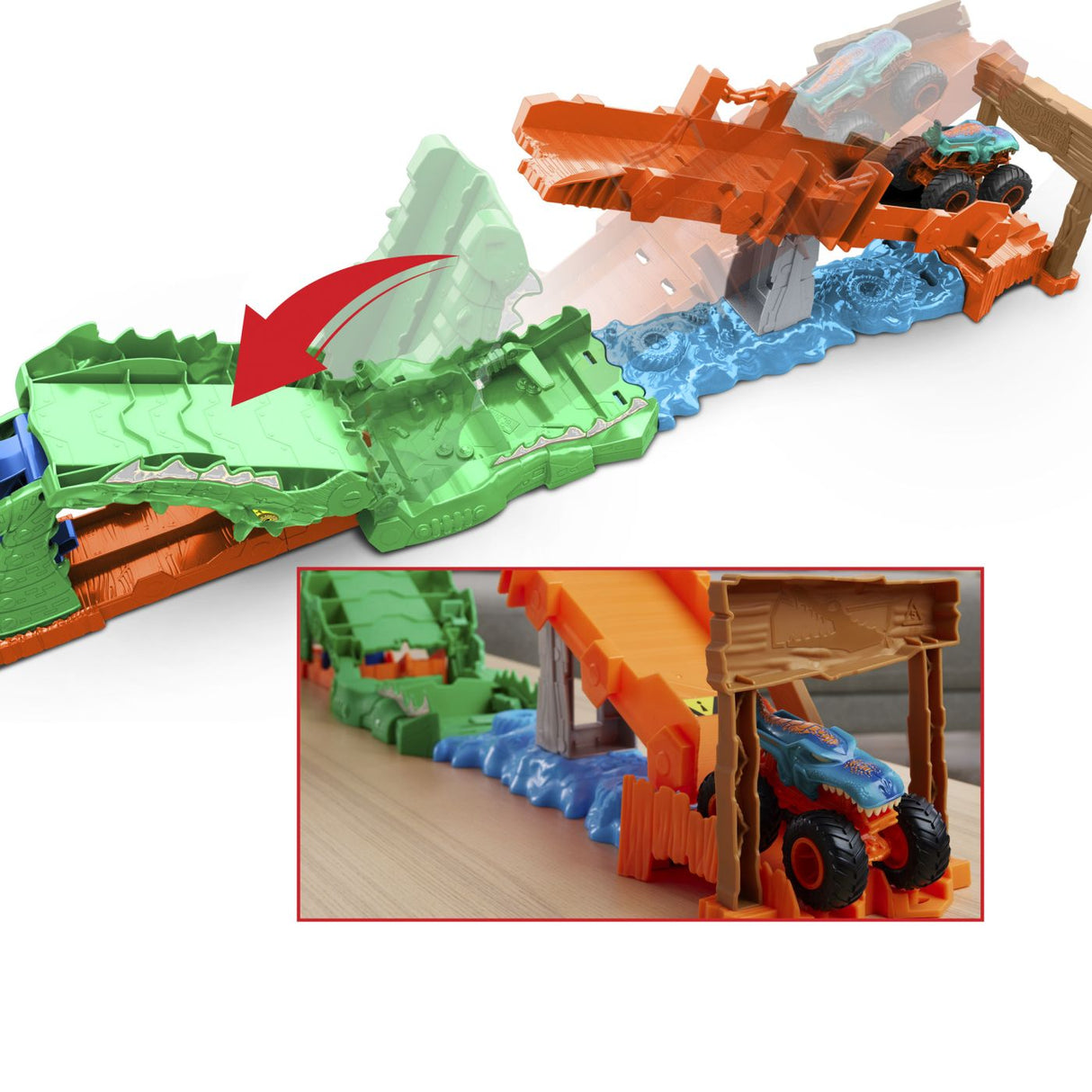 HOT WHEELS MONSTER TRUCK SET DE JOACA PROVOCAREA CROCODILULUI CU MASINUTA MEGA WREX