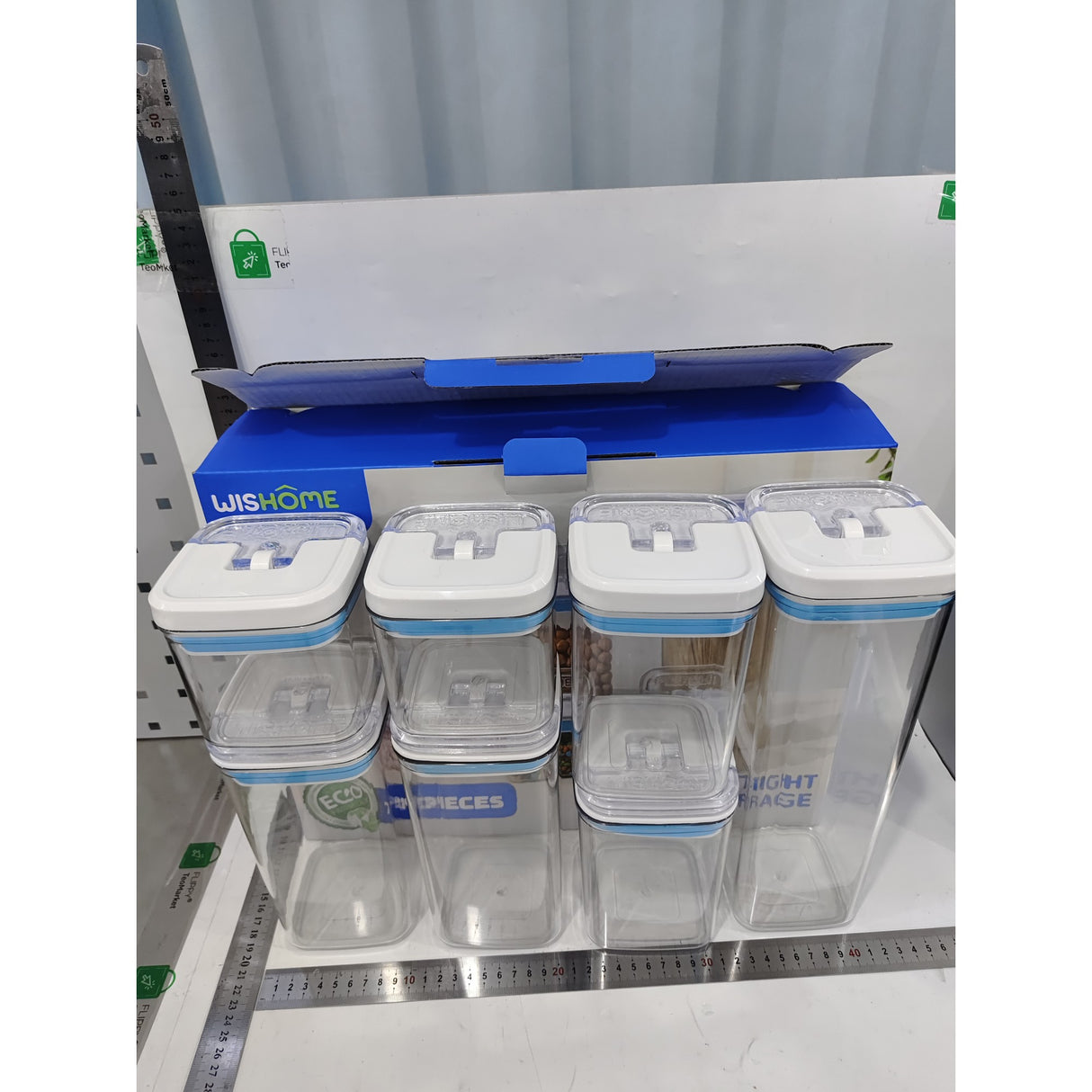 Cutii de Depozitare Alimente, Vivimall, Set din 7 Cutii de tip Container, 2x0.5 l, 2x0.8 l, 2x1.2 l, 1x1.9 l, Recipiente pentru Cereale in Bucatarie, Transparente cu Capac Albastru-Alb - vivimall.ro