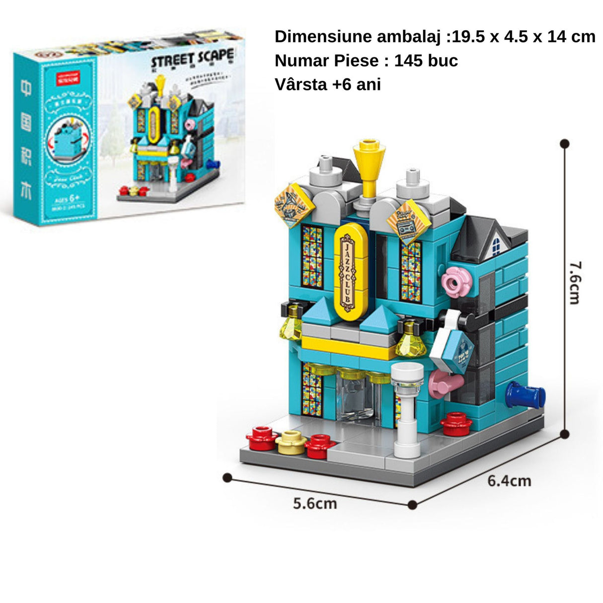 Set de Constructie, Flippy, Jucarie Educativa STEM, 145 Piese, Model 3D, +6 Ani, Colectia Strada Comerciala Europeana, 6.4 x 5.6 x 7.6 cm, Albastru/Galben