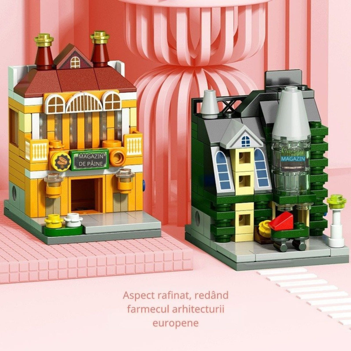 Set de Constructie, Flippy, Jucarie Educativa STEM, 103 Piese, Model 3D, +6 Ani, Colectia Strada Comerciala Europeana, 6.4 x 5.6 x 7 cm, Verde/Gri