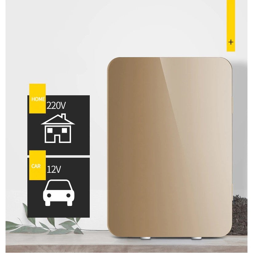 Mini frigider cosmetice, Vivimall, dubla functie de incalzire/racire, portabil, Exterior -19x28x26 cm, Interior - 14x24x15, cm 8L, gold - vivimall.ro