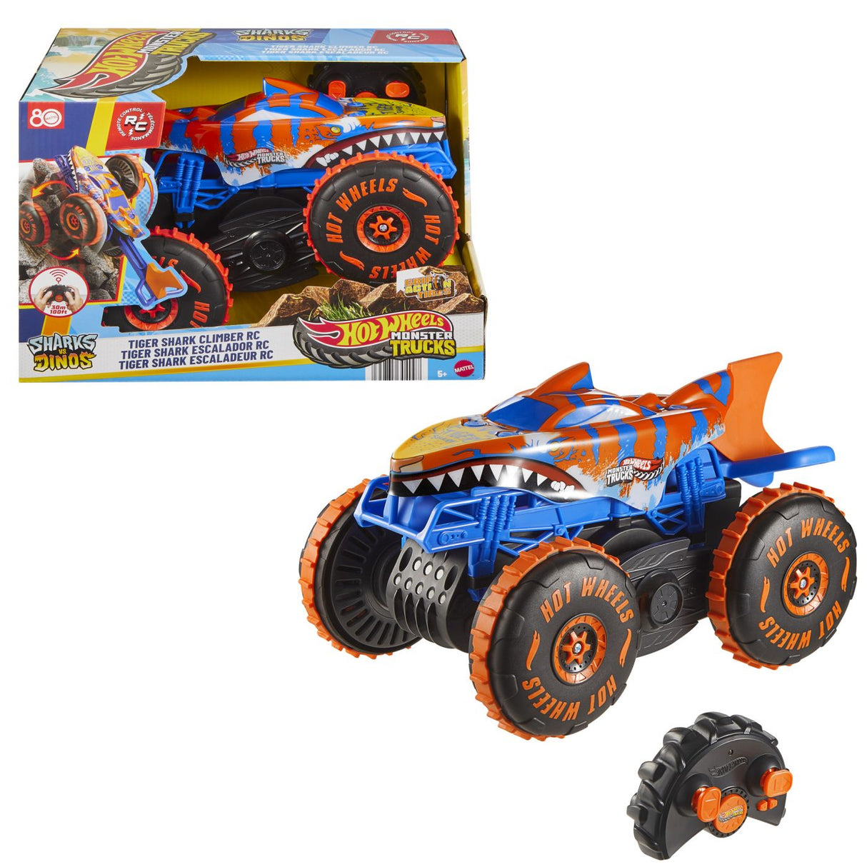 HOT WHEELS MONSTER TRUCK SHARKS VS DINOS MASINA CU TELECOMANDA TIGER SHARK CLIMBER