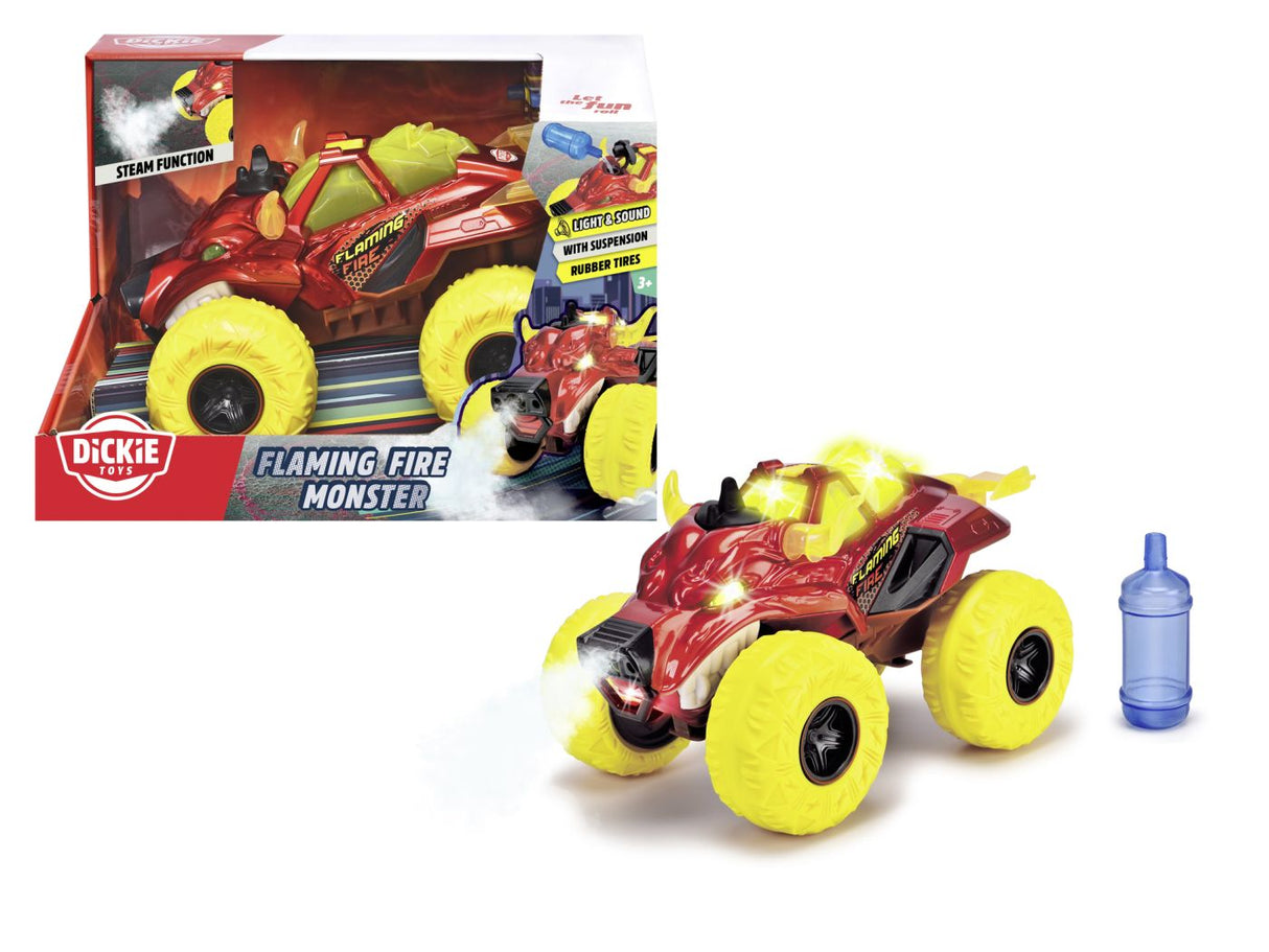 DICKIE MASINA DE TEREN FLAMING FIRE MONSTER CU LUMINI SUNETE SUSPENSII SI FUNCTIE ABUR 25CM