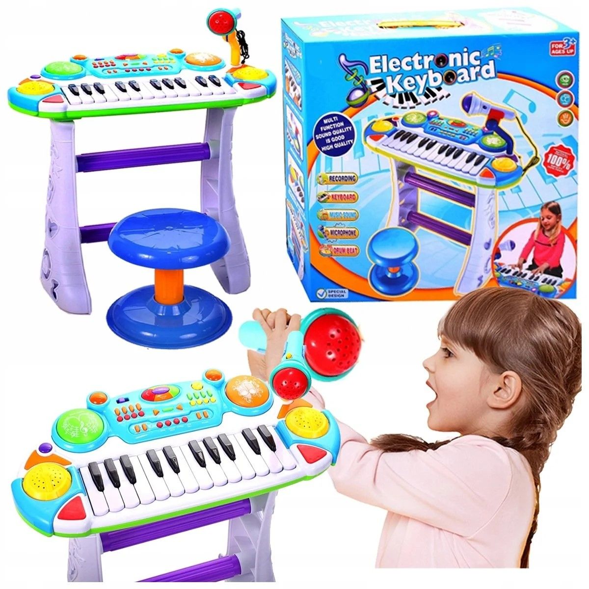 INSTRUMENT MUZICAL PIANINA ELECTRONICA MALPLAY CU SCAUN SI MICROFON 45 CM INALTIME ALBASTRU
