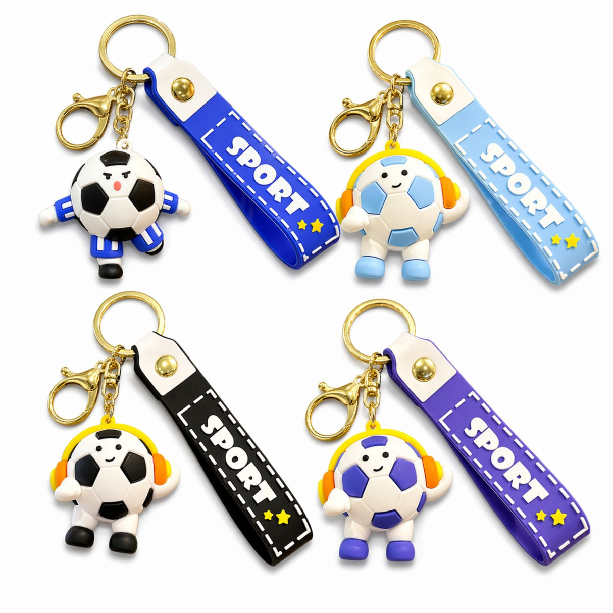 Breloc Chei, Flippy, Model Minge de Fotbal cu Casti, Cupa Mondiala, Accesoriu Pentru Chei si Rucsac, Material Acril, 50 g, Albastru - vivimall.ro