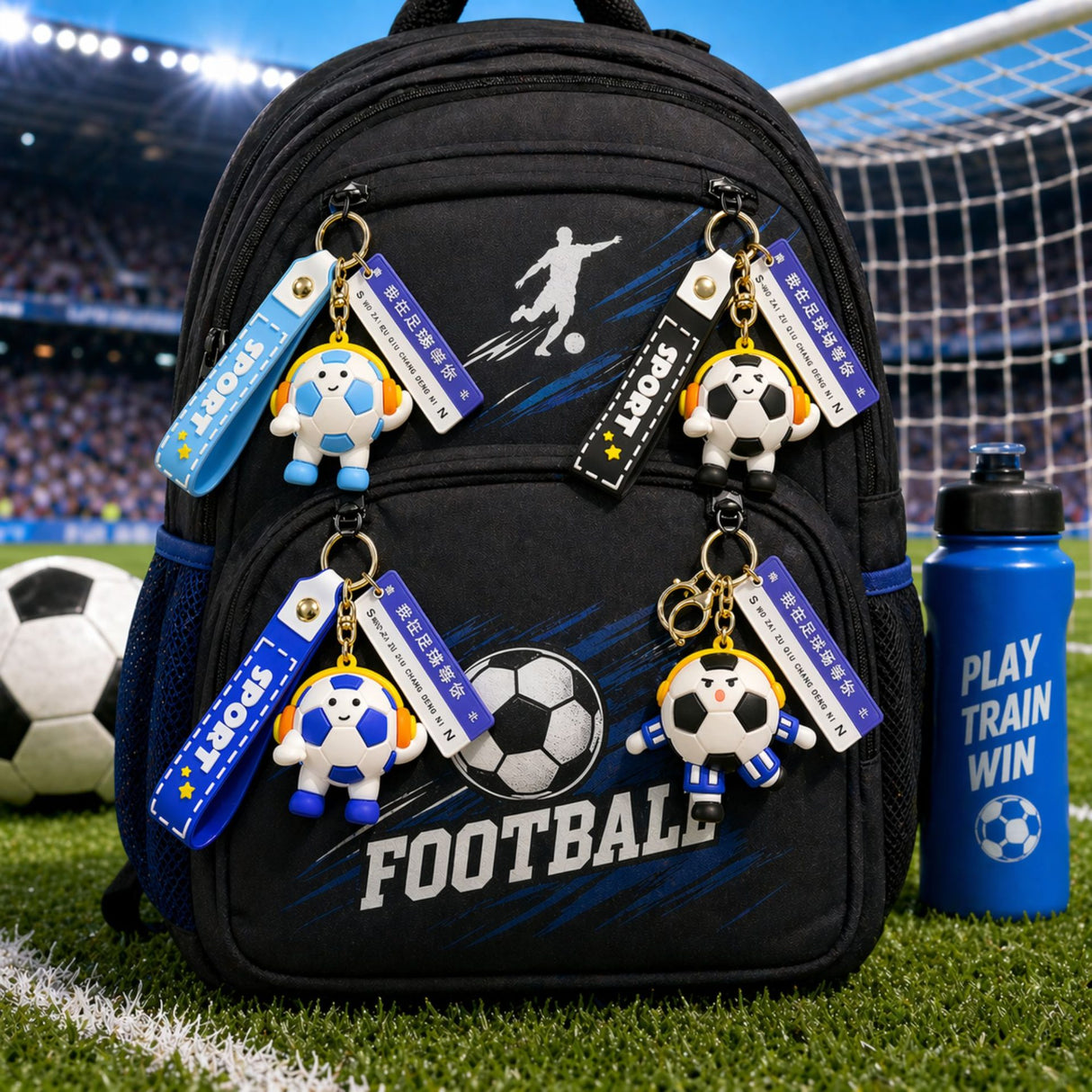 Breloc Flippy acril albastru atașat la rucsac, model minge fotbal cu căști, accesoriu sportiv
