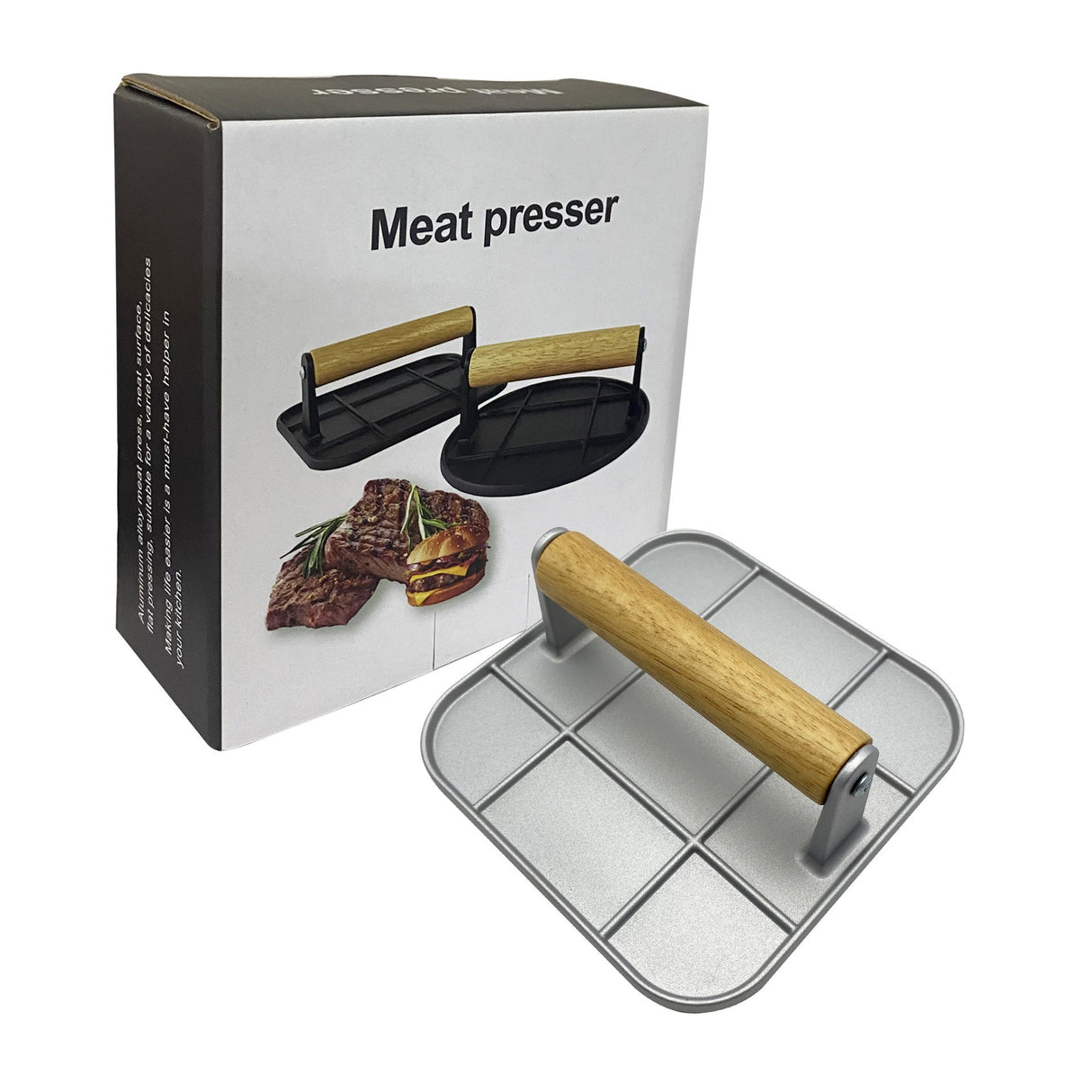 Presa Manuala pentru Carne, Vivimall, din Aliaj de Aluminiu, Maner din Lemn, Presa pentru Burgeri, Usor de Curatat si Folosit, Patrata, 16x16x6 cm, Gri - vivimall.ro