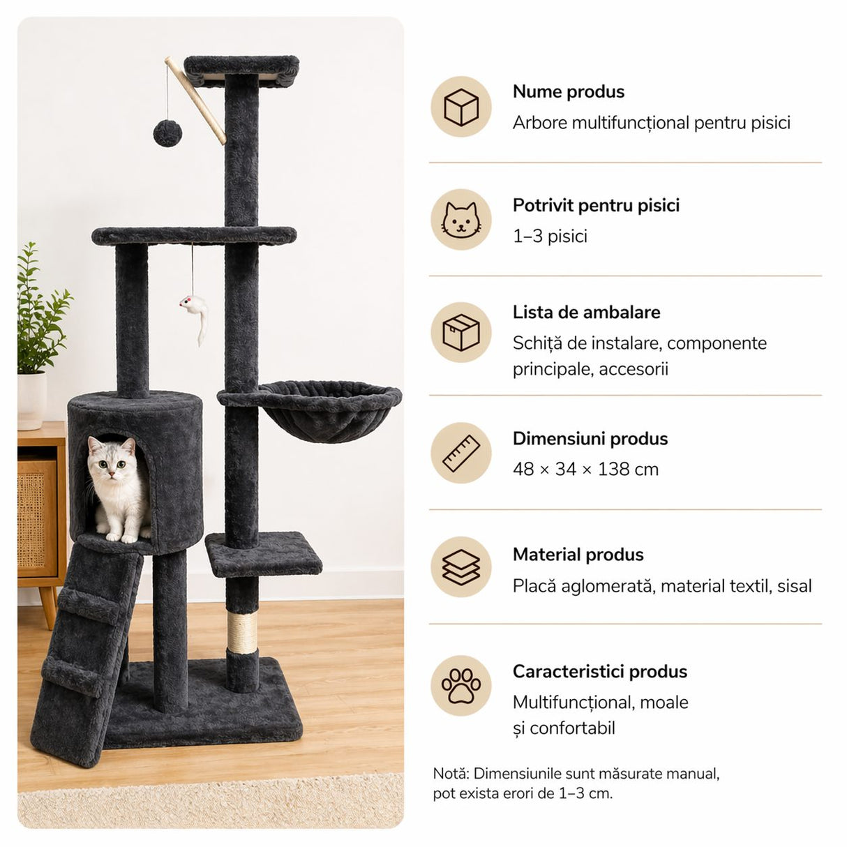 Ansamblu de Joaca pentru Pisici, Flippy, Cat Climbing Frame Multifunctional, cu Platforme, Cusca, Hamac si Scara de Catarare, 49x35x135 cm, Negru - vivimall.ro