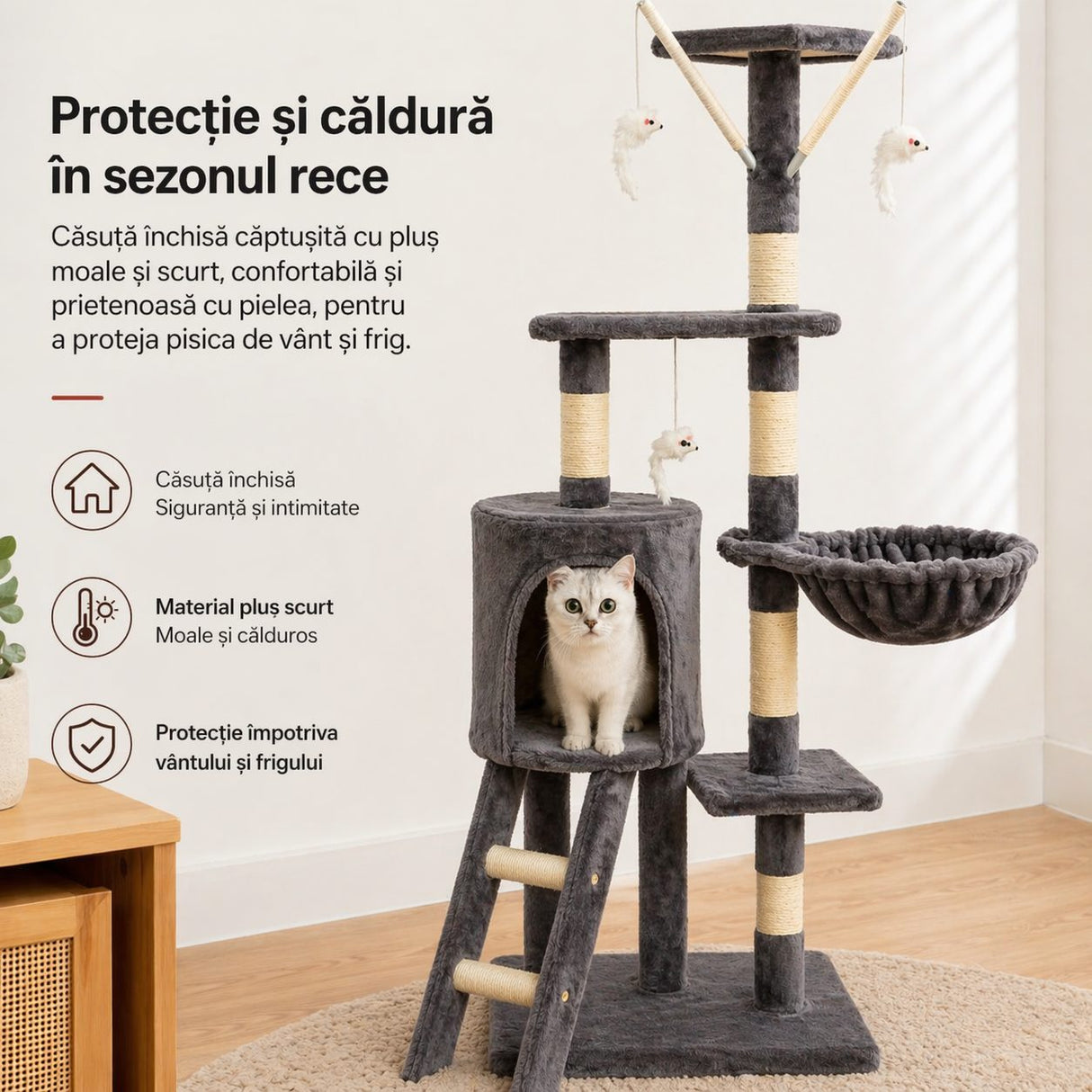 Ansamblu de Joaca pentru Pisici, Flippy, Cat Climbing Frame Multifunctional, cu Platforme, Cusca, Hamac si Scara de Catarare, 49x35x135 cm, Gri - vivimall.ro