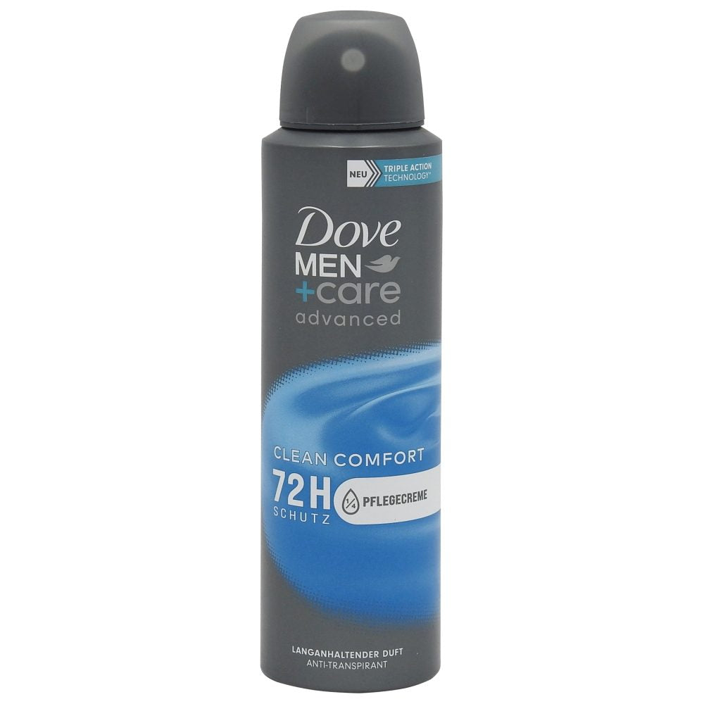 Antiperspirant deodorant spray Dove Men Advanced Care Clean Comfort 150 ml, vedere frontală flacon