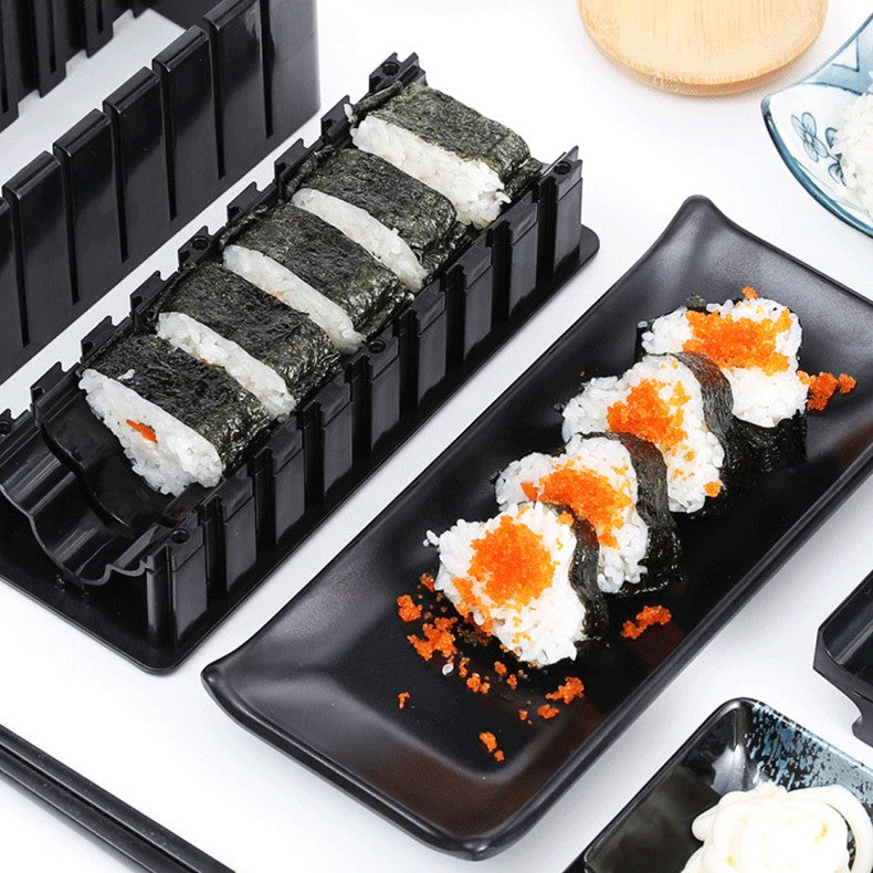 Aparat pentru Sushi, Vivimall, Set 7 Accesorii pentru Sushi, Ofera 3 Forme de Design, Rotund, Triunghi, Inimioare, Negru - vivimall.ro