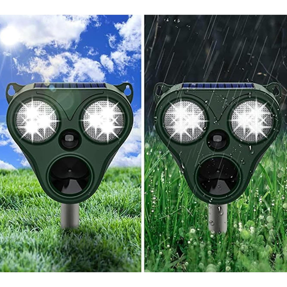 Aparat Solar LED cu Ultrasunete, Vivimall, Repelent pentru Animale Mari si Mici, Lumina Rosie si Alba, Anti Rozatoare, Anti Insecte, Frecventa 13.5KHZ-65 KHZ, Senzor PIR, 13 x 14.7 x 24.5 cm, Verde - vivimall.ro