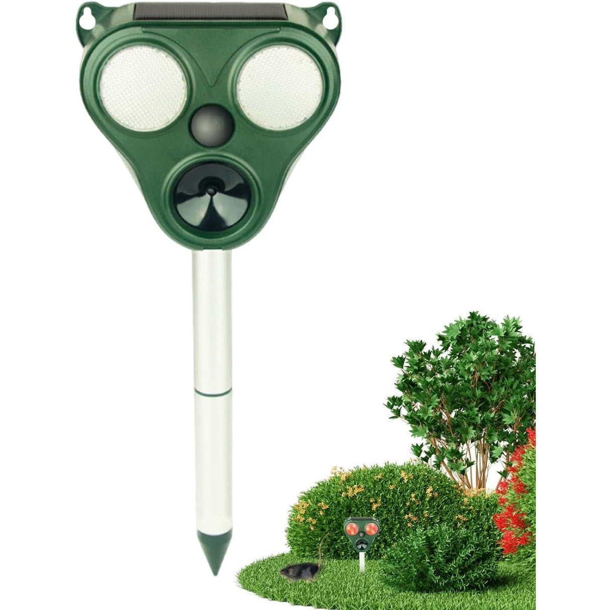 Aparat Solar LED cu Ultrasunete, Vivimall, Repelent pentru Animale Mari si Mici, Lumina Rosie si Alba, Anti Rozatoare, Anti Insecte, Frecventa 13.5KHZ-65 KHZ, Senzor PIR, 13 x 14.7 x 24.5 cm, Verde - vivimall.ro