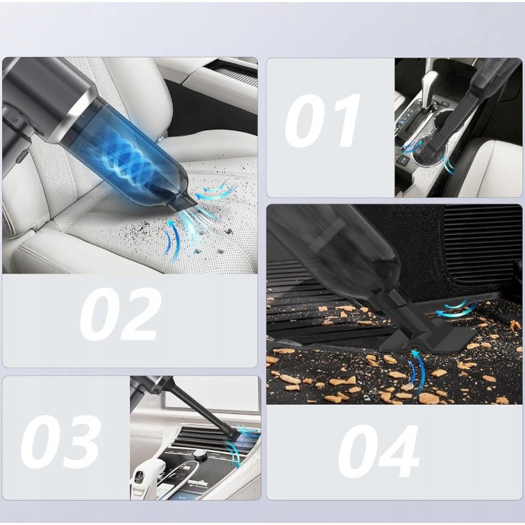 Aspirator Portabil Auto, Vivimall, pentru Casa si Masina, 3 Viteze, Incarcator Tip-C cu Incarcare Rapida, Tub Prelungitor, 2000mAh, 7 Capete de Aspirare si Suflare, 21x20x6.5 cm, Negru - vivimall.ro