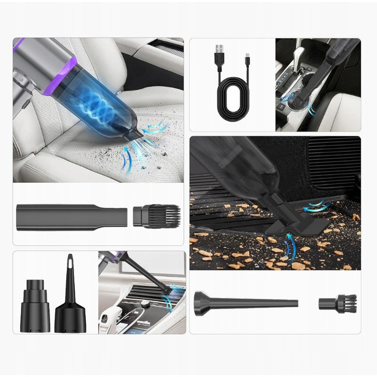 Aspirator Portabil Auto, Vivimall, pentru Casa si Masina, 3 Viteze, Incarcator Tip-C cu Incarcare Rapida, Tub Prelungitor, 2000mAh, 7 Capete de Aspirare si Suflare, 21x20x6.5 cm, Argintiu Mov - vivimall.ro