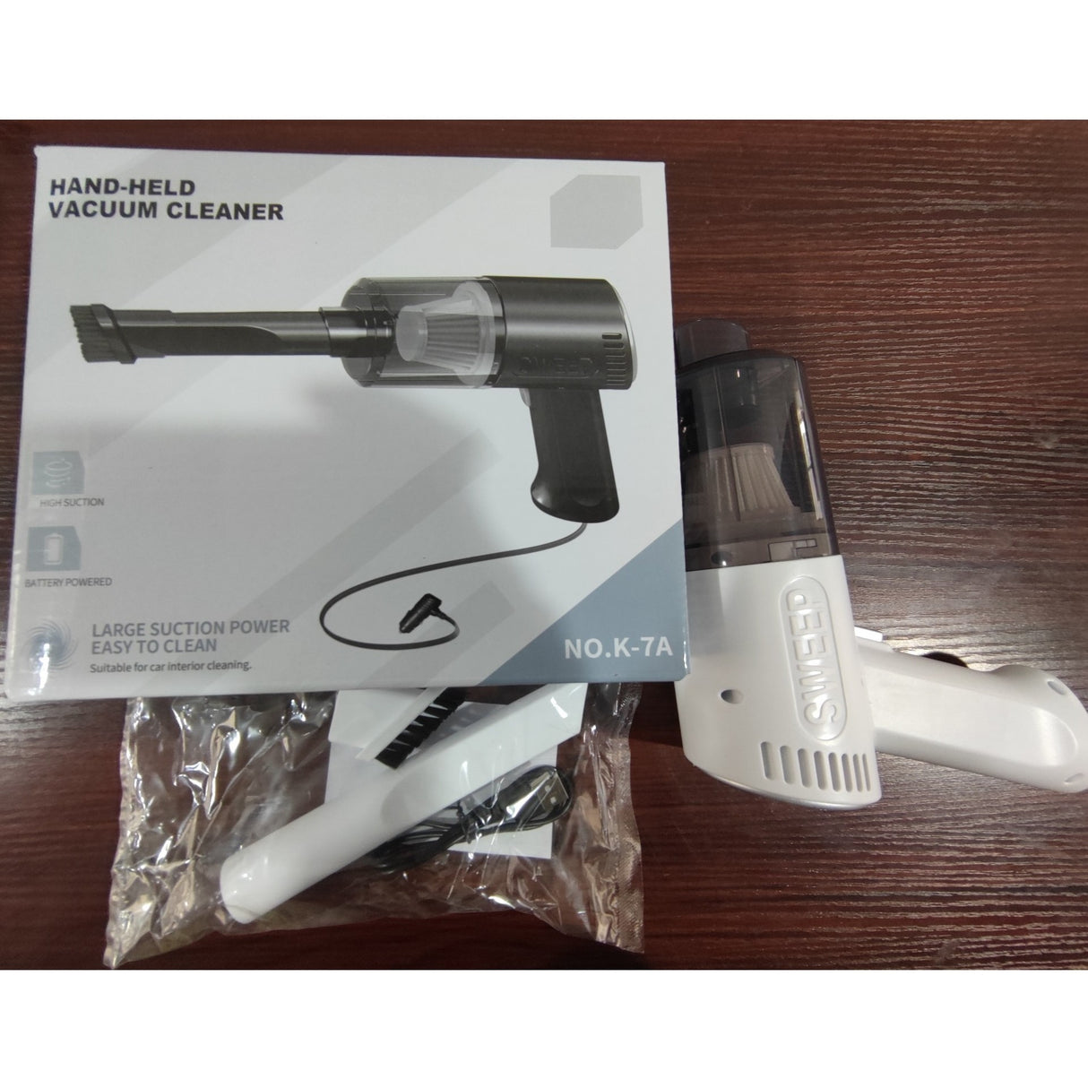 Aspirator Portabil Fara Fir, Vivimall, Tip Pistol K7, Pentru Casa si Masina, Incarcare USB, Autonomie 30 Min, 36 x 17 cm, Alb - vivimall.ro