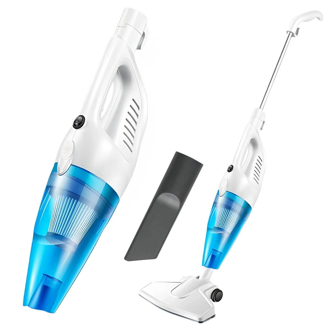 Aspirator vertical albastru în utilizare pe covor, demonstrație putere aspirare 8500 Pa