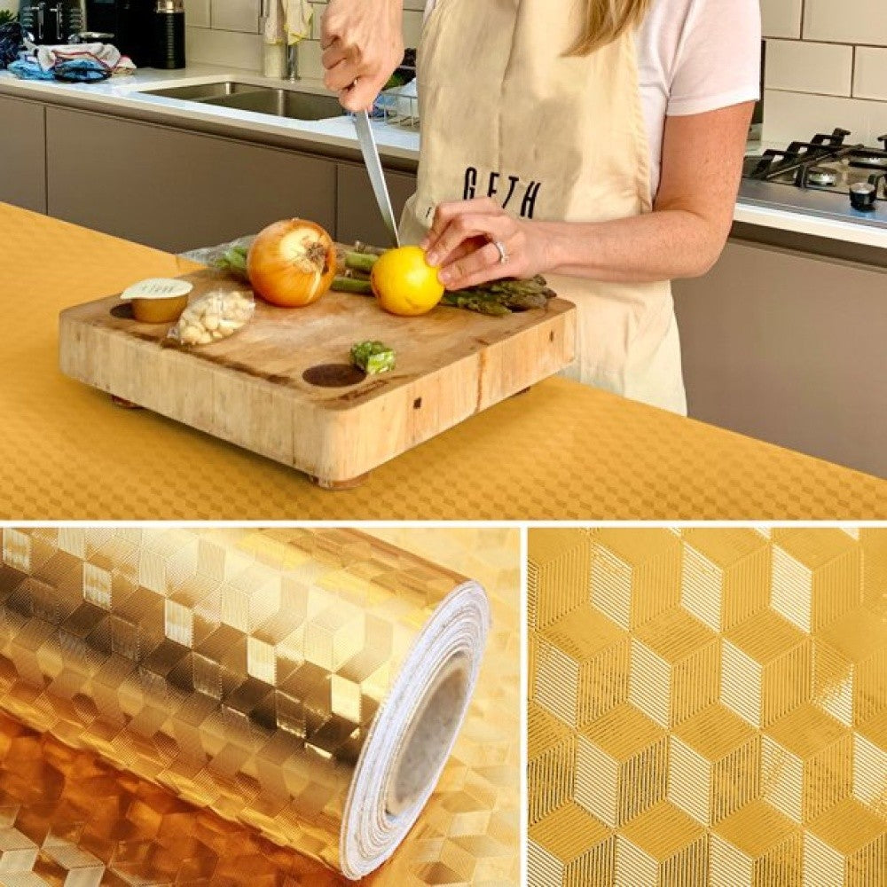 Autocolant de Bucatarie, Vivimall, Autoadeziv, Impermeabil, Rezistent la Temperaturi Ridicate, din PVC, 60 x 100 cm, Model Cub 3D, Auriu - vivimall.ro