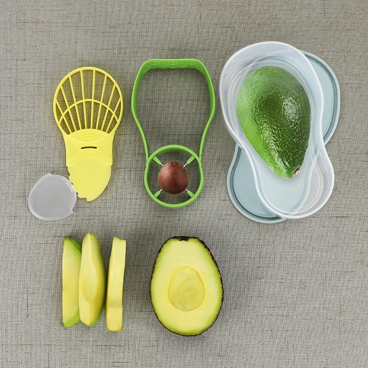Recipient de Depozitare Avocado 5in1, Vivimall, Etans, pentru Frigider, din Plastic, Dispozitiv de Taiat, Curatat, Feliat, 15x4.5x7 cm, Gri - vivimall.ro
