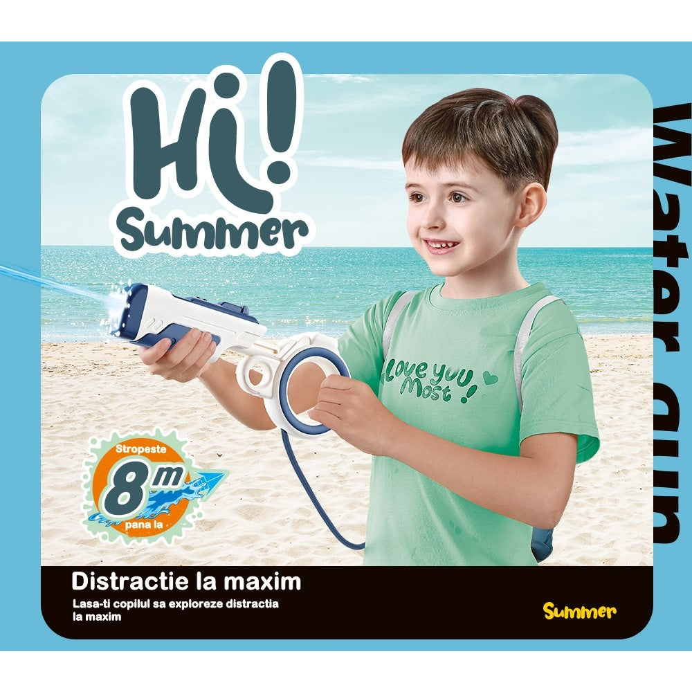 Pistol cu apa pentru copii Vivimall, rezervor tip ghiozdan, 1500 ml, reglabil, material ABS/silicon, distanta improscare 8 metri, tragaci cu presiune, 12.5 x 28 cm, albastru - vivimall.ro