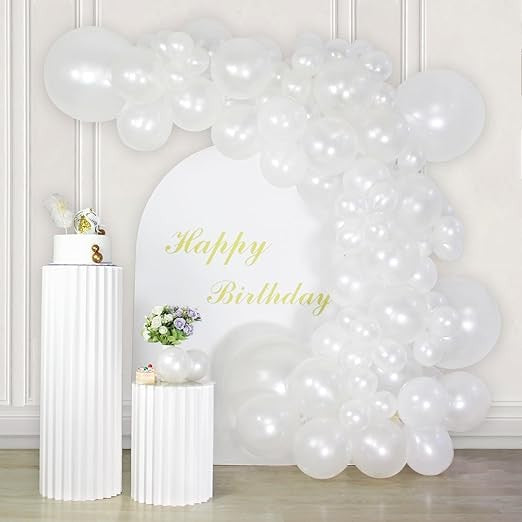 Baloane din Latex pentru Arcada, Vivimall, Set din 120 baloane, Model Party, Botez, Pai transparent si adeziv inclus in cutie, 23 cm, Alb - vivimall.ro