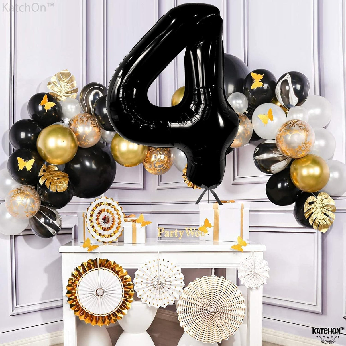 Balon din Folie Metalizata, Vivimall, Figurina Cifra, Tema Aniversare 100 cm, Ambalaj Individual, Pai inclus, Umflare cu Aer sau Heliu, Negru, Cifra 4 - vivimall.ro