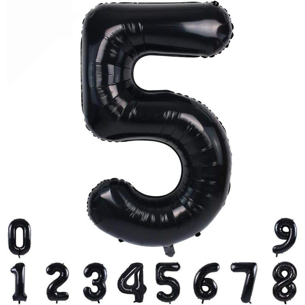 Balon din Folie Metalizata, Vivimall, Figurina Cifra, Tema Aniversare 100 cm, Ambalaj Individual, Pai inclus, Umflare cu Aer sau Heliu, Negru, Cifra 5 - vivimall.ro