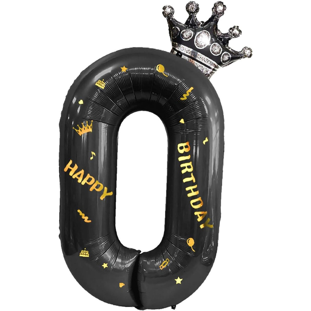 Balon din Folie Metalizata Vivimall, Figurina Cifra si Coroana, Scris Happy Birthday, Tema Aniversare 100 cm, Ambalaj Individual, Pai inclus, Umflare cu Aer sau Heliu, Negru, Cifra 0 - vivimall.ro