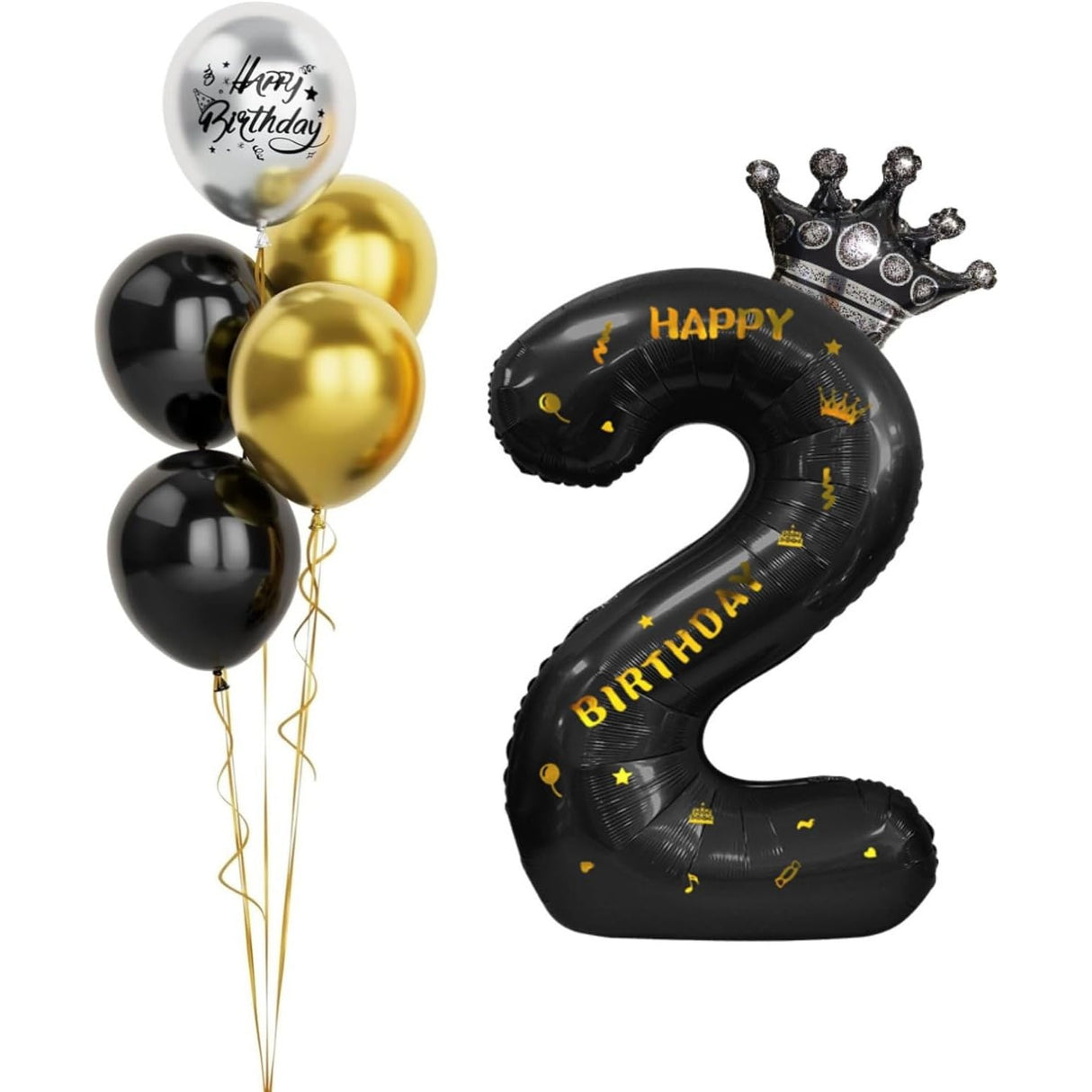 Balon din Folie Metalizata Vivimall, Figurina Cifra si Coroana, Scris Happy Birthday, Tema Aniversare 100 cm, Ambalaj Individual, Pai inclus, Umflare cu Aer sau Heliu, Negru, Cifra 2 - vivimall.ro