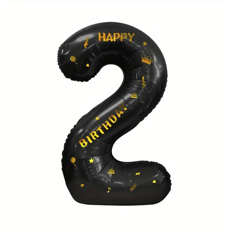 Balon din Folie Metalizata Vivimall, Figurina Cifra si Coroana, Scris Happy Birthday, Tema Aniversare 100 cm, Ambalaj Individual, Pai inclus, Umflare cu Aer sau Heliu, Negru, Cifra 2 - vivimall.ro