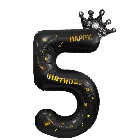 Balon din Folie Metalizata Vivimall, Figurina Cifra si Coroana, Scris Happy Birthday, Tema Aniversare 100 cm, Ambalaj Individual, Pai inclus, Umflare cu Aer sau Heliu, Negru, Cifra 5 - vivimall.ro