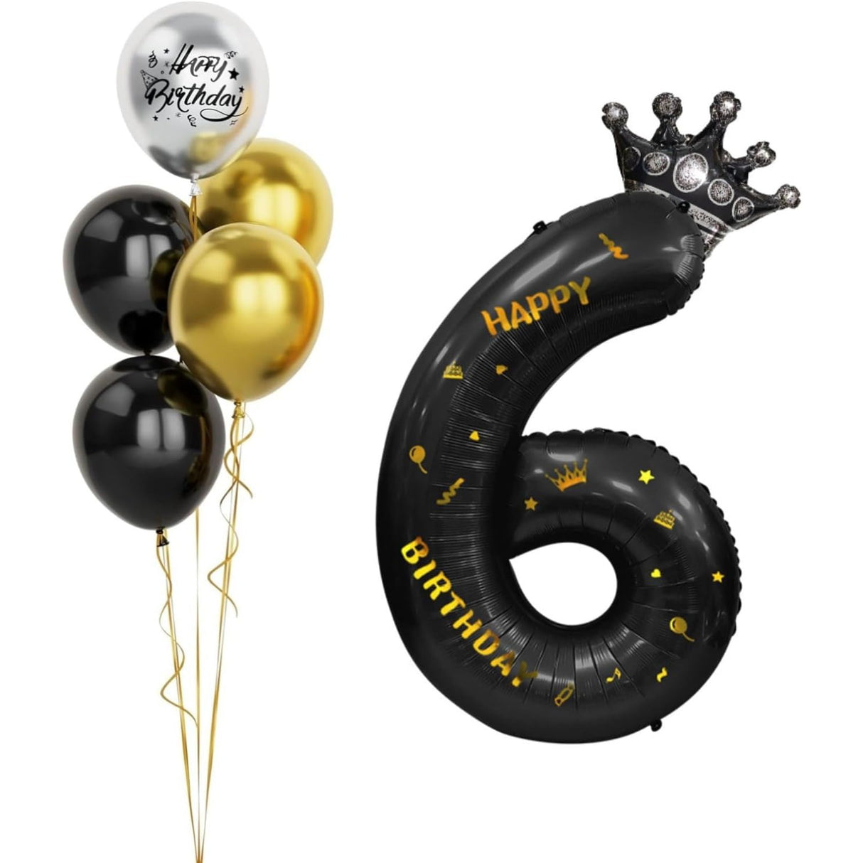 Balon din Folie Metalizata Vivimall, Figurina Cifra si Coroana, Scris Happy Birthday, Tema Aniversare 100 cm, Ambalaj Individual, Pai inclus, Umflare cu Aer sau Heliu, Negru, Cifra 6 - vivimall.ro