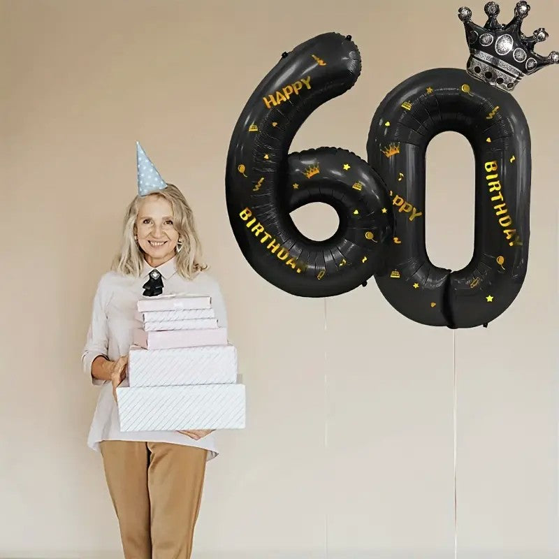 Balon din Folie Metalizata Vivimall, Figurina Cifra si Coroana, Scris Happy Birthday, Tema Aniversare 100 cm, Ambalaj Individual, Pai inclus, Umflare cu Aer sau Heliu, Negru, Cifra 6 - vivimall.ro