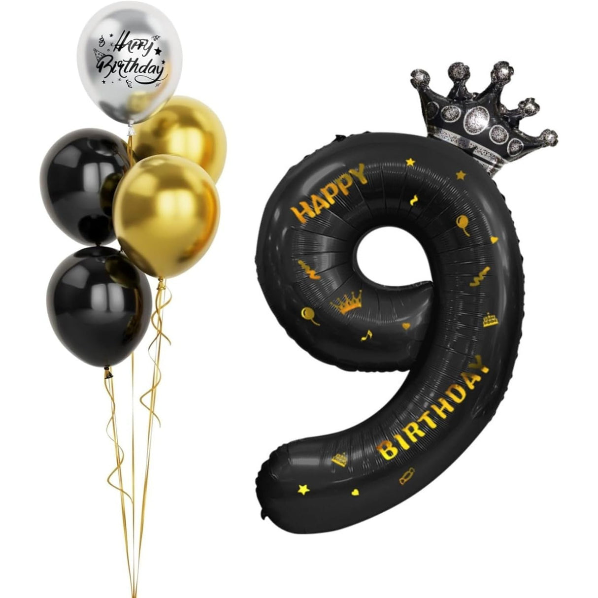 Balon din Folie Metalizata Vivimall, Figurina Cifra si Coroana, Scris Happy Birthday, Tema Aniversare 100 cm, Ambalaj Individual, Pai inclus, Umflare cu Aer sau Heliu, Negru, Cifra 9 - vivimall.ro